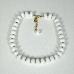 Vintage Monet White Bead Lucite Choker Necklace 16 in Gold Tone Statement